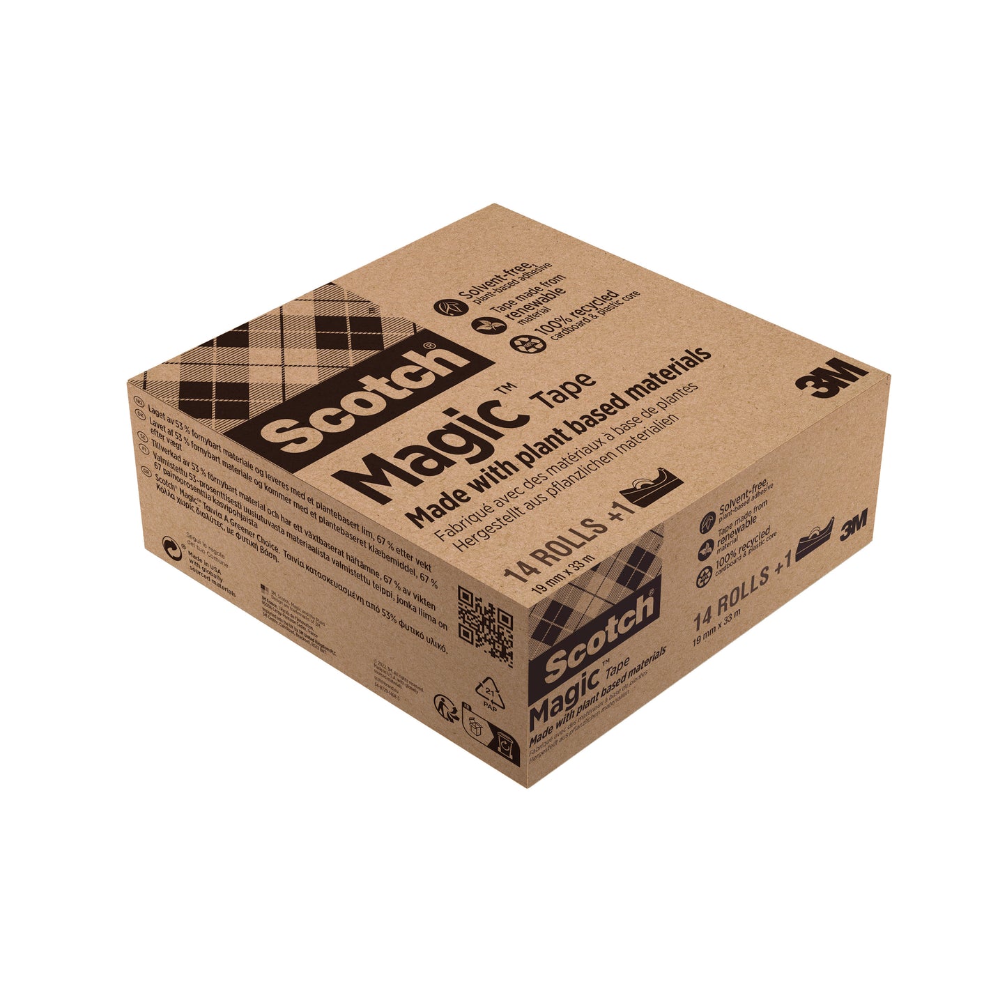 Eine Packung der 3M Deutschland GmbH enthält 14 Rollen Scotch® Magic™ Klebeband (19 mm x 33 m, hergestellt mit 66% pflanzlichem Klebstoff) plus einen GRATIS schwarzen Scotch® Abroller C38. Die Verpackung informiert über das Produkt und hebt den Bonus-Spender hervor.