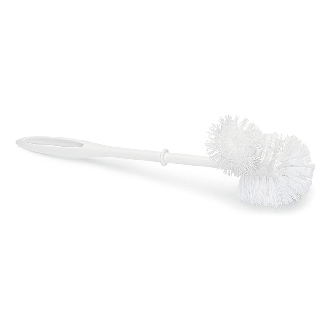 En Nölle Profi Brush WC-borste med kantborste (38 cm, PP-borst) från Nölle Profi Brush Borst- & Penselteknik e.K. med vitt långt skaft, stort och litet dubbelrundat huvud ligger på vit bakgrund.