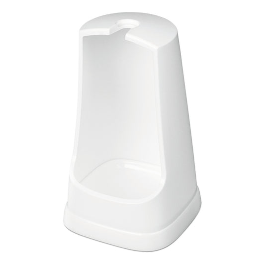 Ein weißer Kunststoffständer mit offener Vorderseite und Loch an der Oberseite zur Aufbewahrung der Nölle Profi Brush WC-Bürste Rundkopf 38 cm (PPN-Borsten), von Nölle Profi Brush Bürsten- & Pinseltechnik e.K., oder ähnlichem Zubehör.