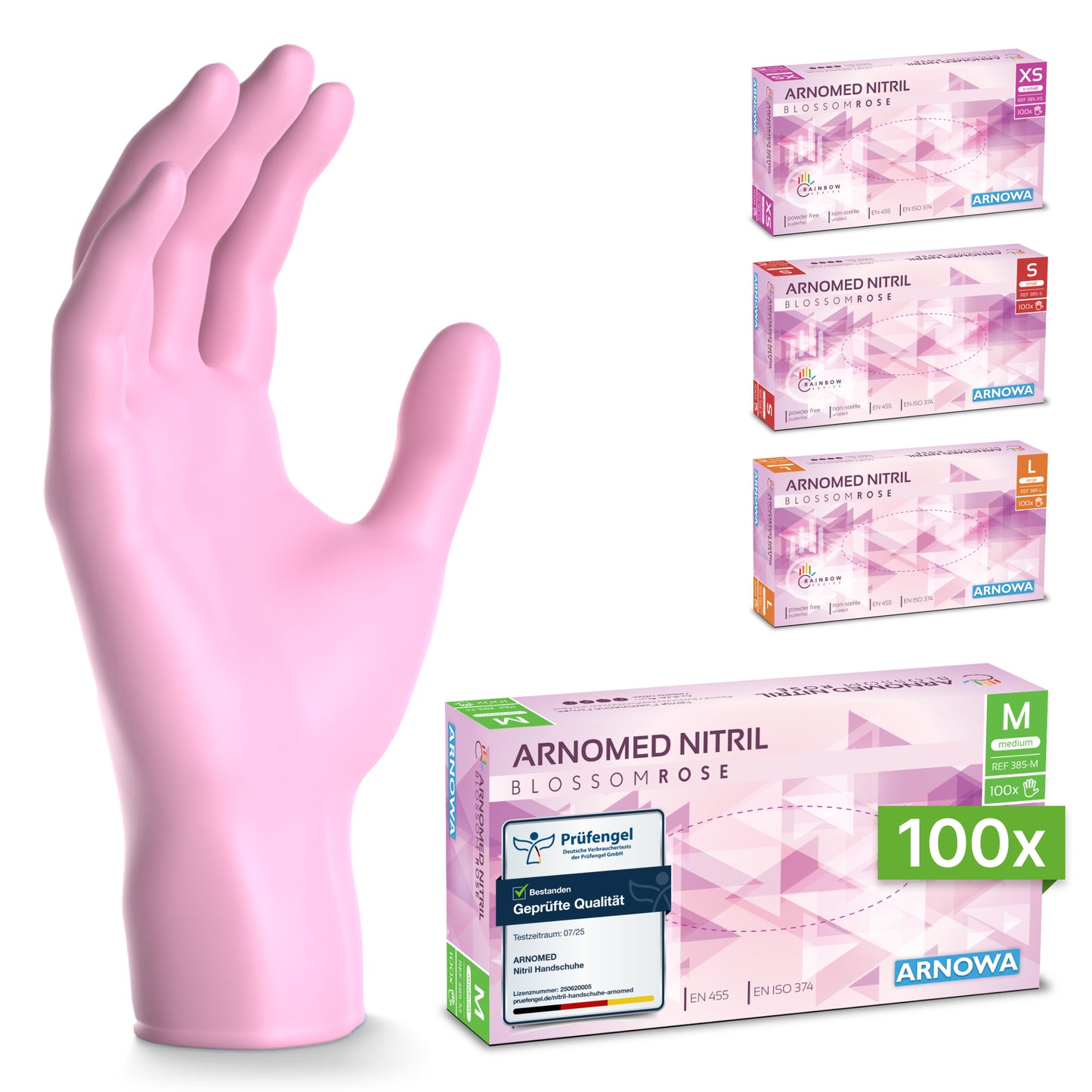 En rosa ARNOMED NITRIL BLOSSOM ROSE engångshandske från ARNOWA GmbH är avbildad öppen, bredvid står fyra kartonger i storlekarna XS, S, M och L. Den främre lådan innehåller 100 medelstora rosa nitrilhandskar.
