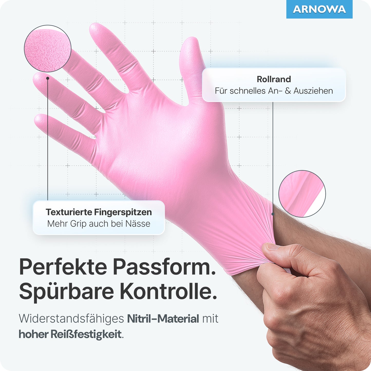 Avbildad är en hand i ARNOMED NITRIL BLOSSOM ROSE engångshandskar av rosa nitril från ARNOWA GmbH. Texturerade fingertoppar ger grepp, en rullkant möjliggör lätt påtagning och handsken erbjuder perfekt passform, hög rivstyrka och är latexfri.