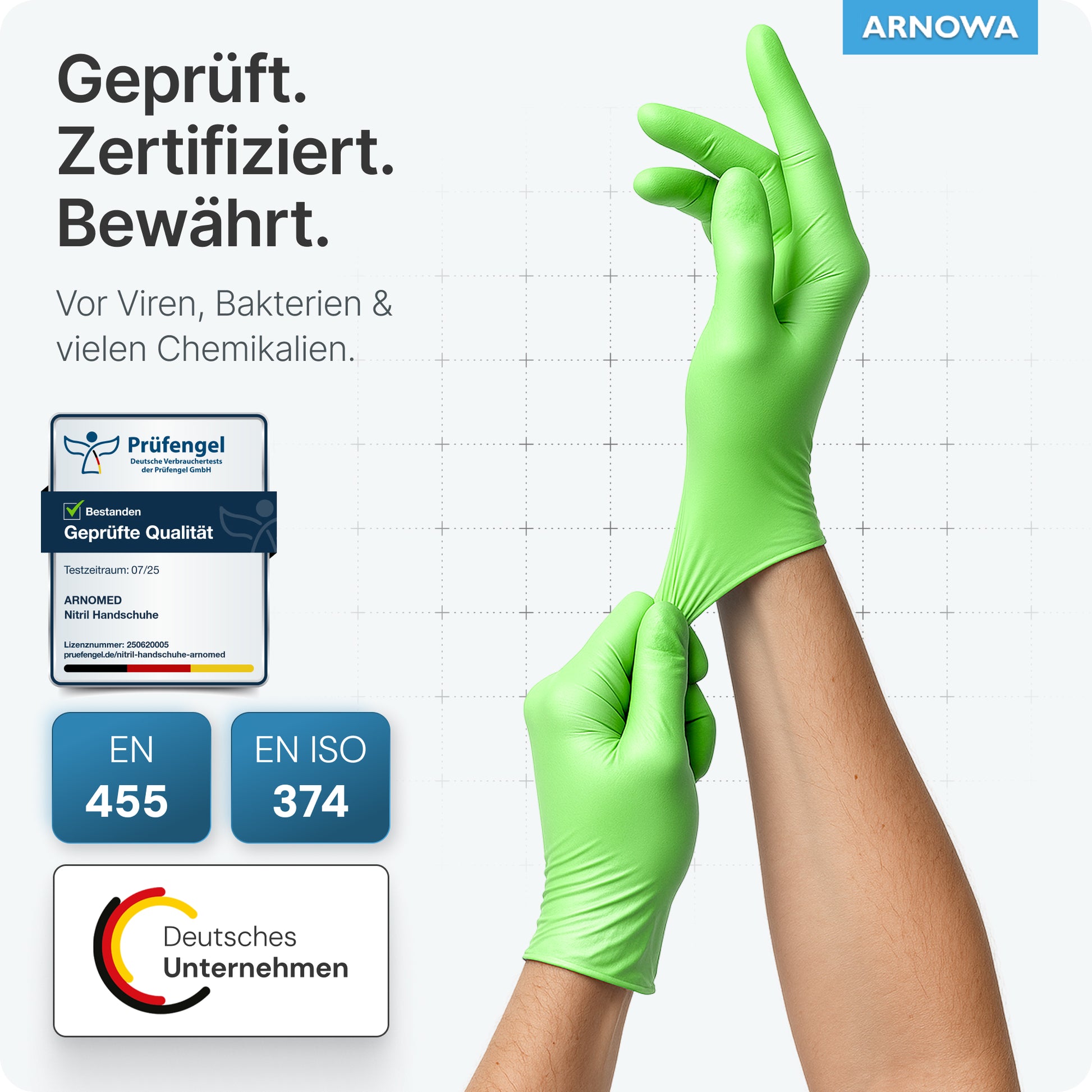 Eine Person trägt ARNOMED NITRIL LIME GREEN Einmalhandschuhe aus Nitril von ARNOWA GmbH - limettengrün, latexfrei, zertifiziert nach EN 455 und EN ISO 374, schützen vor Viren, Bakterien und Chemikalien.