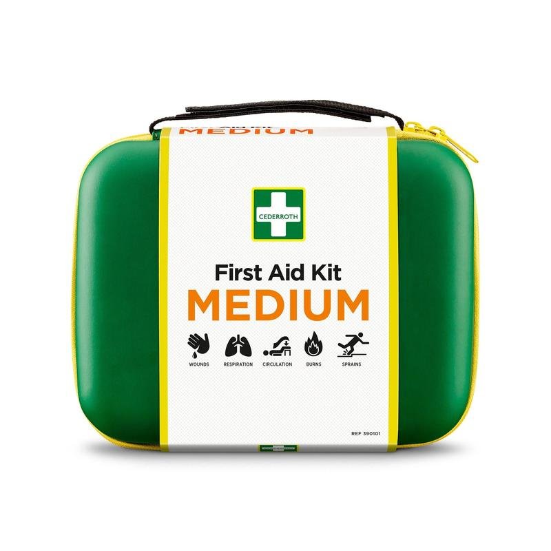 Orkla Wound Care AB Första hjälpen-låda MEDIUM (1 styck) är en grön-gul första hjälpen-låda med symboler för sår, andning, cirkulation, brännskador och stukningar. Den har en dragkedja och ett bärhandtag på ovansidan.