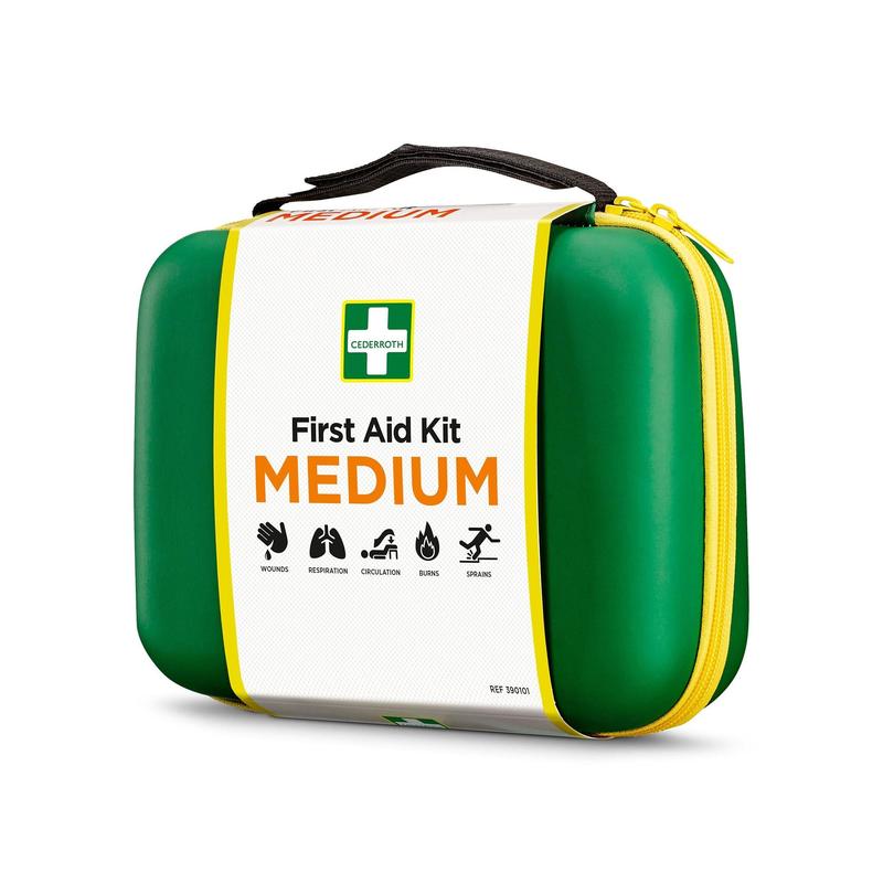 En kompakt Första hjälpen-låda MEDIUM från Orkla Wound Care AB i grönt och gult, med symboler för sår, andning, cirkulation, brännskador och stukningar - perfekt som snabb nödfallsutrustning.