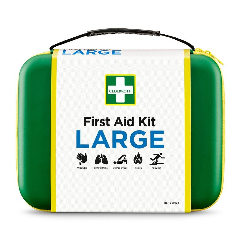 Det grön-gula Orkla Wound Care AB Första hjälpen-kit STOR (1 styck) har symboler för sår, andning, cirkulation, brännskador och stukningar på framsidan samt ett svart handtag och en vit etikett för snabb nödhjälp.