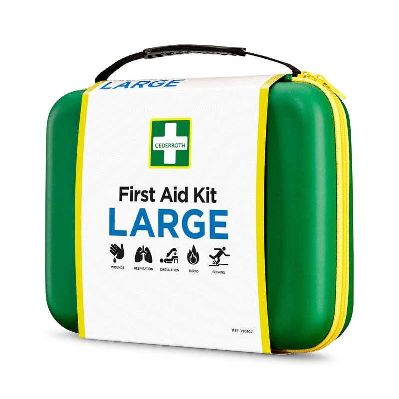Ett grön-gult hårt skal Orkla Wound Care AB Första hjälpen-kit STOR (1 styck) med svart handtag och gul dragkedja, märkt med "First Aid Kit LARGE", utformat för nödsituationer som sår, brännskador, stukningar, cirkulation och andning.