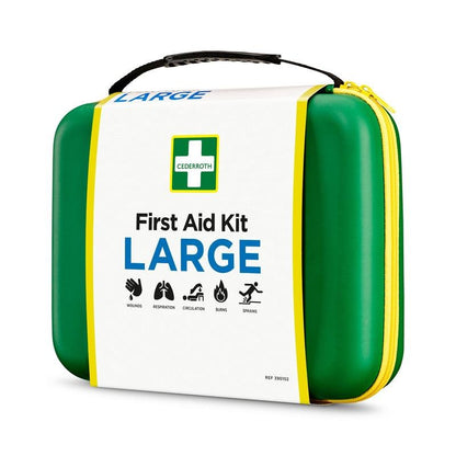 Ett grön-gult hårt skal Orkla Wound Care AB Första hjälpen-kit STOR (1 styck) med svart handtag och gul dragkedja, märkt med "First Aid Kit LARGE", utformat för nödsituationer som sår, brännskador, stukningar, cirkulation och andning.