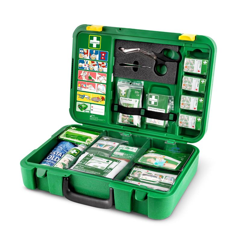 Orkla Wound Care AB Första hjälpen-låda X-LARGE | Förpackning (1 styck) har överskådliga fack med förband, saxar, handskar, plåster, en kylklamp och en illustrerad instruktion - perfekt för nödsituationer.