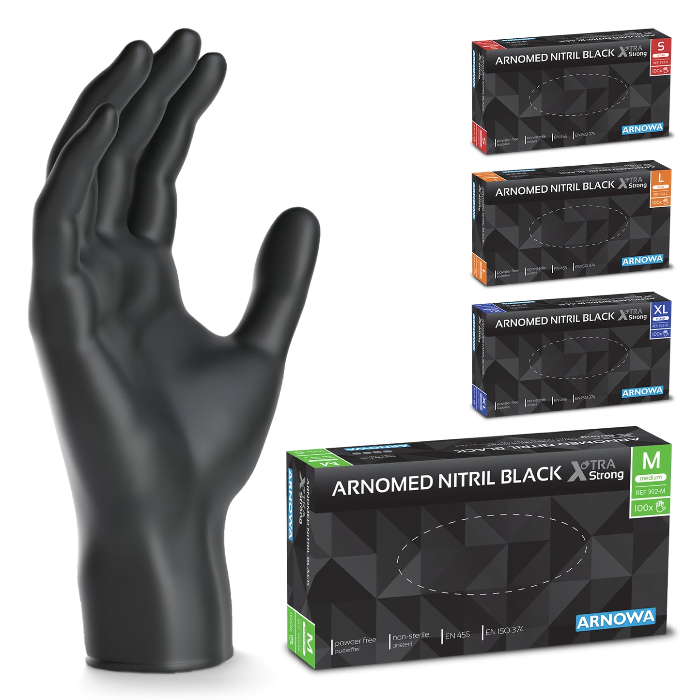 En svart nitrilhandske för engångsbruk står upprätt bredvid fyra lådor "ARNOWA GmbH ARNOMED NITRIL BLACK XTRA STRONG Extra tjocka engångshandskar av nitril i svart" i S (röd), M (grön), L (orange) och XL (blå); framme den extra tjocka gröna kartongen.