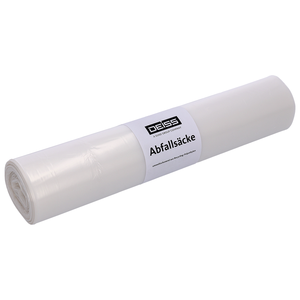 Eine Rolle EMIL DEISS KG (GmbH + Co.) DEISS 39320 Müllbeutel (700x1100 mm, Typ 70, transparent-klar, 25 Stück) mit weißem Aufkleber und schwarzem Text ist in Folie gewickelt und vor einem schlichten hellen Hintergrund platziert.