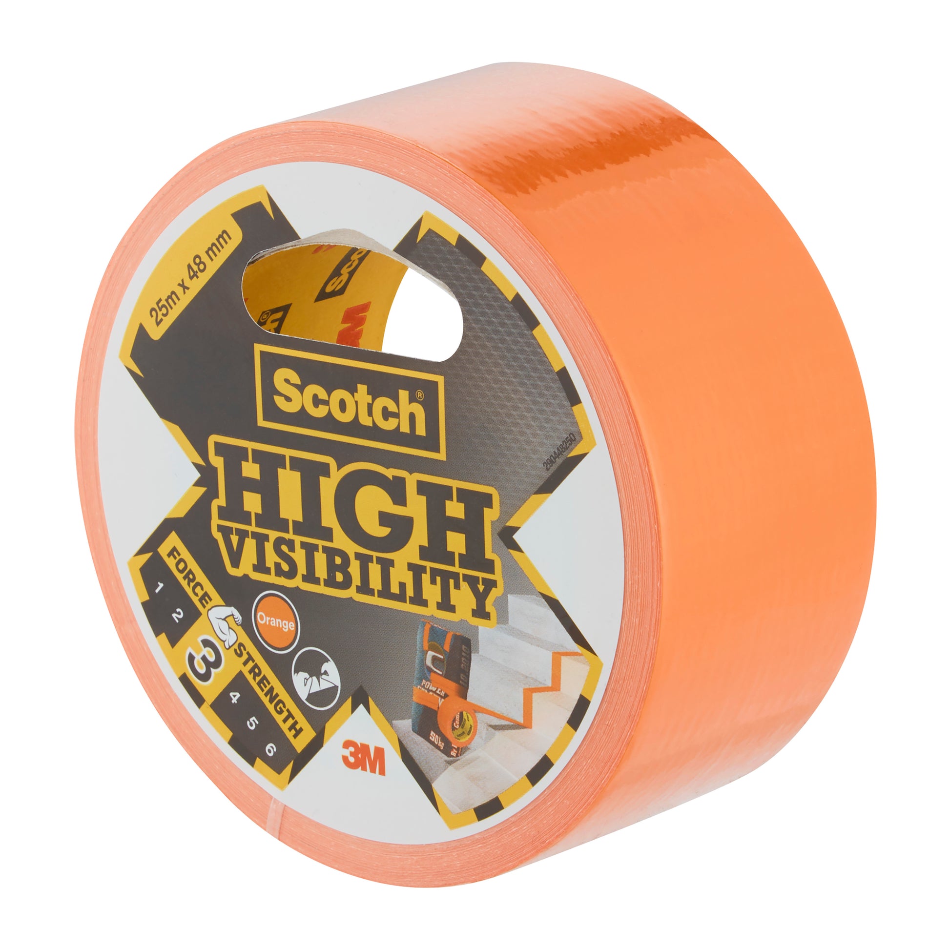 Eine Rolle orangefarbenes Scotch® High Visibility Klebeband von 3M Deutschland GmbH, 25 m x 48 mm, ist mit Produktangaben auf einem runden Etikett verpackt.
