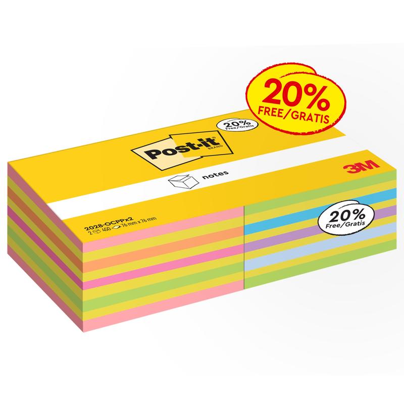 3M Post-it®-notislappkuben innehåller 2 kuber med 450 blad vardera (76x76mm), i olika färger. Tillverkad av 3M Deutschland GmbH, levereras notislapparna i PEFC-certifierad förpackning - idealisk för varje kontor.