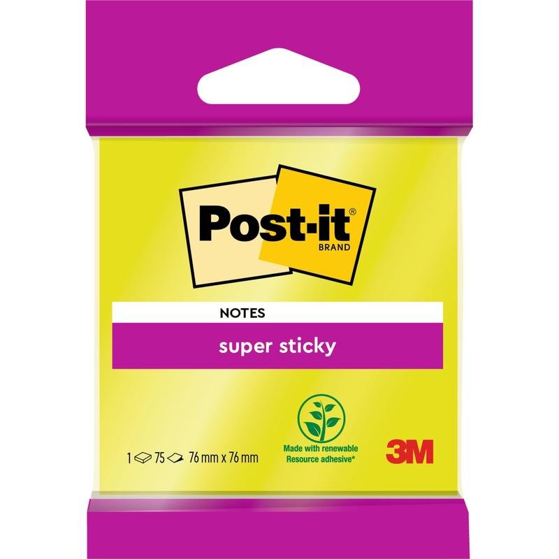 En förpackning Post-it® Super Sticky Notes 6820S3 från 3M Deutschland GmbH, 76 x 76 mm i neongrön, neonrosa, ultragul, ultragrön och ultrarosa. Innehåller 1 block med 75 blad och är tillverkad av 100% PEFC-certifierat papper.