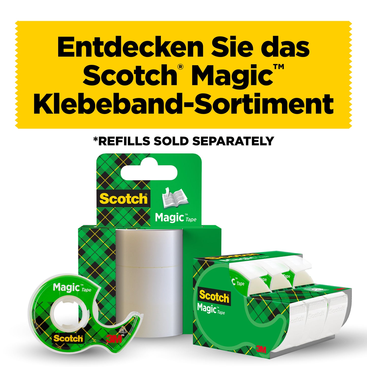 Unter einem deutschen Text ist das 3M Deutschland Scotch® Magic™ Unsichtbares Klebeband (19 mm x 25 m) auf einem Handabroller mit 5 m extra abgebildet; Nachfüllrollen sind separat erhältlich.