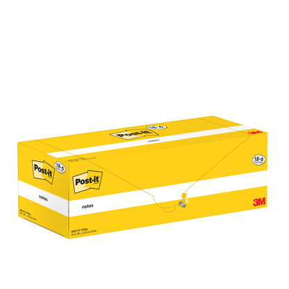 Eine gelbe rechteckige Schachtel Post-it® Notes (3M Deutschland GmbH), 76x127mm, 100 Blatt/Block, 18 Blöcke + 6 gratis pro Packung, in einem Karton. Ideale gelbe Notizzettel zum Organisieren-100% PEFC zertifiziert (SGSCH-PEFC-COC-110078).