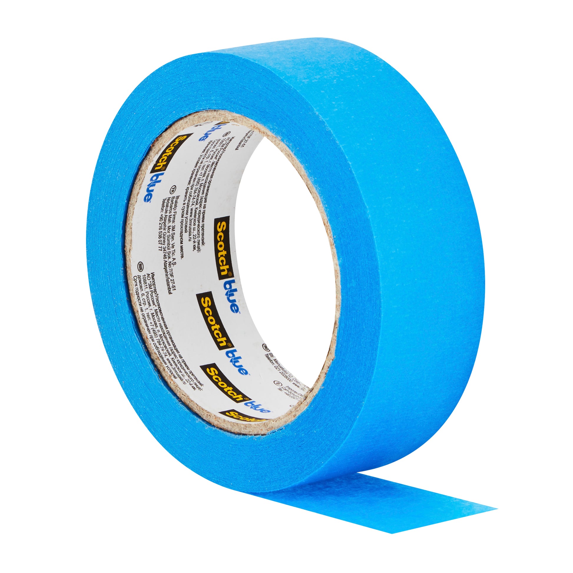 Eine Rolle ScotchBlue™ Malerabdeckband "Multi-Surface" der 3M Deutschland GmbH mit einem ausgerollten Teilstück ist hochkant abgebildet. Das Innenetikett zeigt ein schwarz-gelbes "ScotchBlue"-Logo auf weißem Hintergrund.