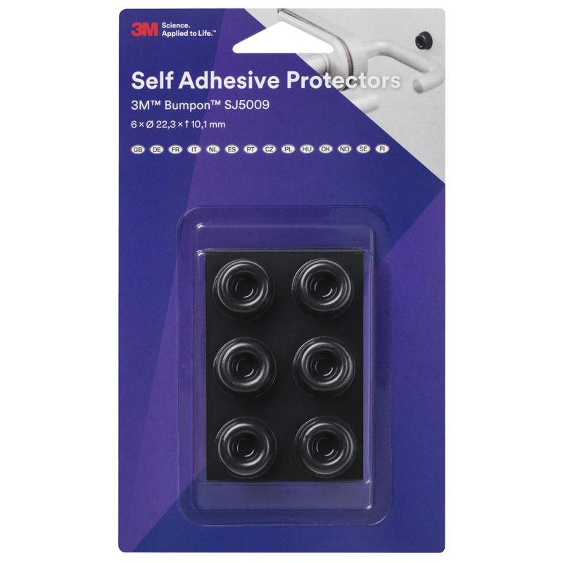 3M™ Bumpon™ SJ5009BL Elastic Bumper Mini Pack, Svart, 6 delar, 22,3 x 10,1 mm, självhäftande naturgummi R-30 | Förpackning (6 stycken)