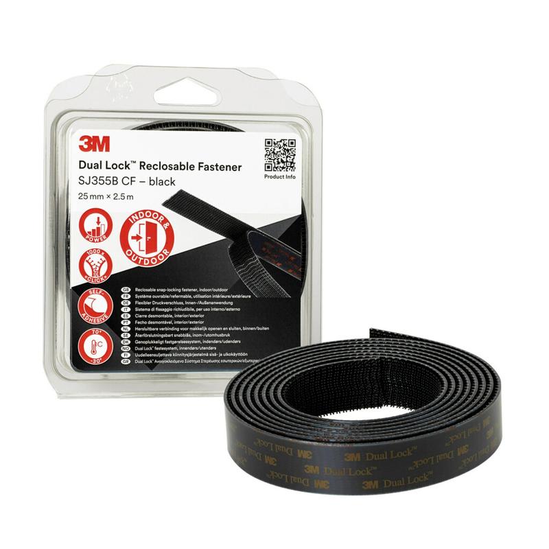 3M™ Dual Lock™ flexibelt snäppfäste SJ355B, svart, 25 mm x 2,5 m, 5,7 mm, 40 huvuden/cm², individuellt förpackade | Förpackning (1 rulle)