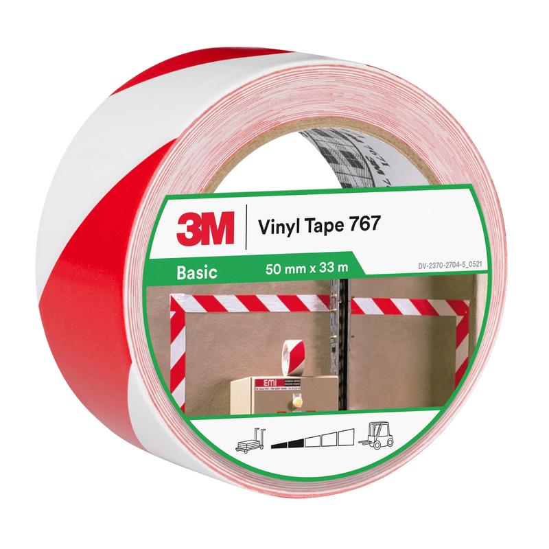 3M™ Hazard Warning Tejp 767i, röd/vit, 50 mm x 33 m, individuellt förpackad | Förpackning (1 rulle)