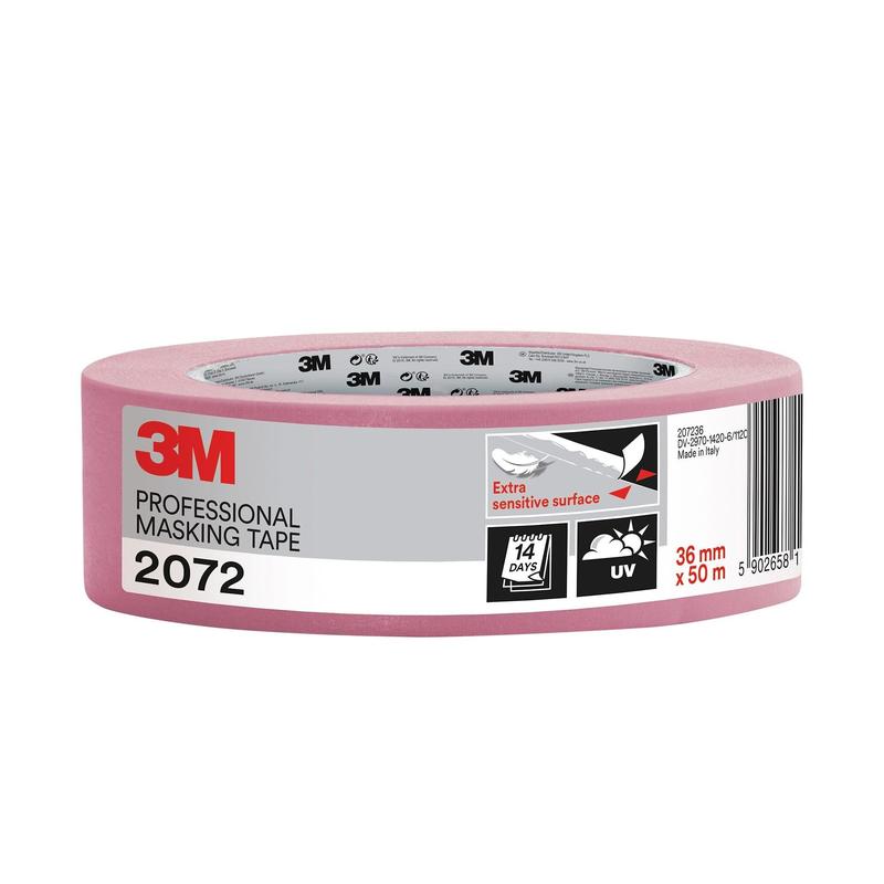 3M™ Painter's Masking Tape 2072 för extra ömtåliga ytor, rosa, 36 mm x 50 m, 1 rulle/pack | Förpackning (1 rulle)