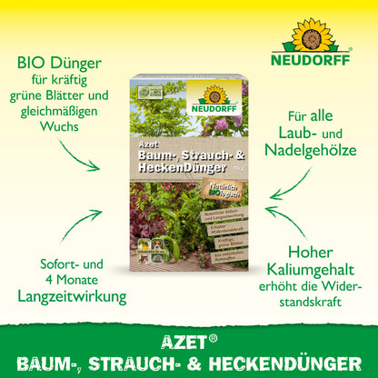 Abgebildet ist eine rechteckige Dose Neudorff Shop Azet Baum-, Strauch- & HeckenDünger mit grünen Pfeilen, die die lang anhaltende Wirkung und den hohen Kaliumgehalt betonen - ein idealer Dünger für Sträucher und Hecken in jedem Garten.
