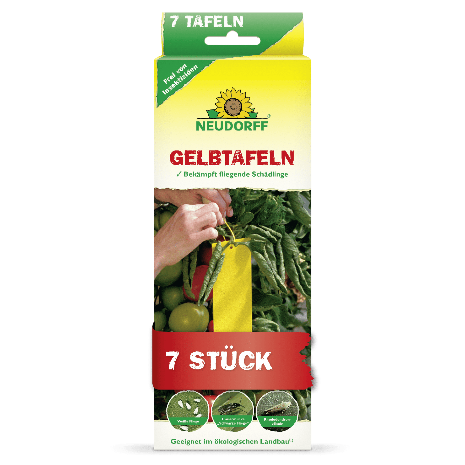 En rektangulär gul-grön låda med texten "Neudorff Shop Gulplattor (liten storlek)" och en bild av gula klisterfällor mellan tomatplantor. Bekämpar flygande skadedjur som sorgmyggor och vita flygare. Innehåller 7 stycken.