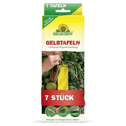 En rektangulär gul-grön låda med texten "Neudorff Shop Gulplattor (liten storlek)" och en bild av gula klisterfällor mellan tomatplantor. Bekämpar flygande skadedjur som sorgmyggor och vita flygare. Innehåller 7 stycken.