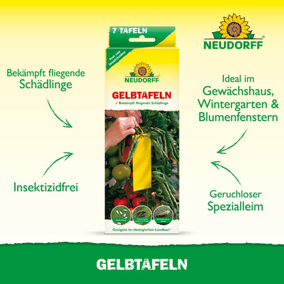 En rektangulär låda med texten "Gulplattor (liten storlek)" från Neudorff Shop visar en gul klisterfälla mellan tomater. Den är fri från insekticider, idealisk för växthus och blomfönster och riktar sig mot skadedjur som sorgmyggor och vita flygare.