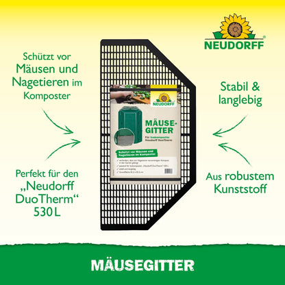Avbildat är ett rektangulärt, svart plastgaller, "musgaller" från Neudorff Shop. Det skyddar mot gnagare, passar till Neudorff DuoTherm termokomposter och har ett hållbart markgaller av stabil plast.
