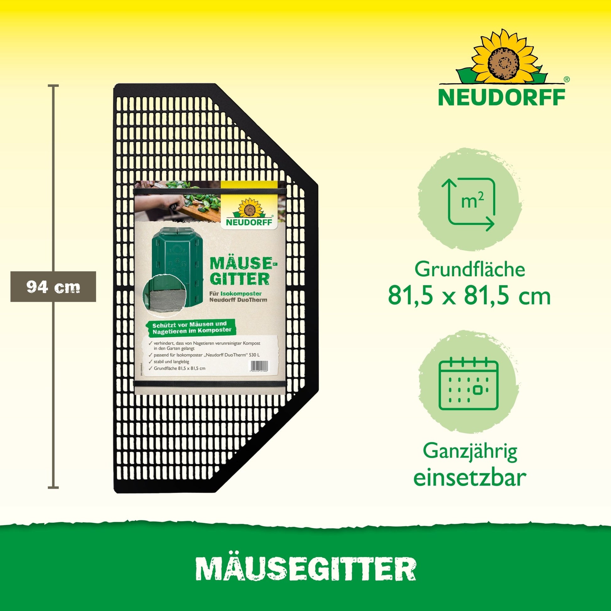 Bredvid förpackningen är ett rektangulärt svart musgaller från Neudorff Shop avbildat. Med en höjd på 94 cm och en yta på 81,5 x 81,5 cm är det idealiskt för användning med termokomposter eller DuoTherm. Året runt-användning indikeras med ikoner.