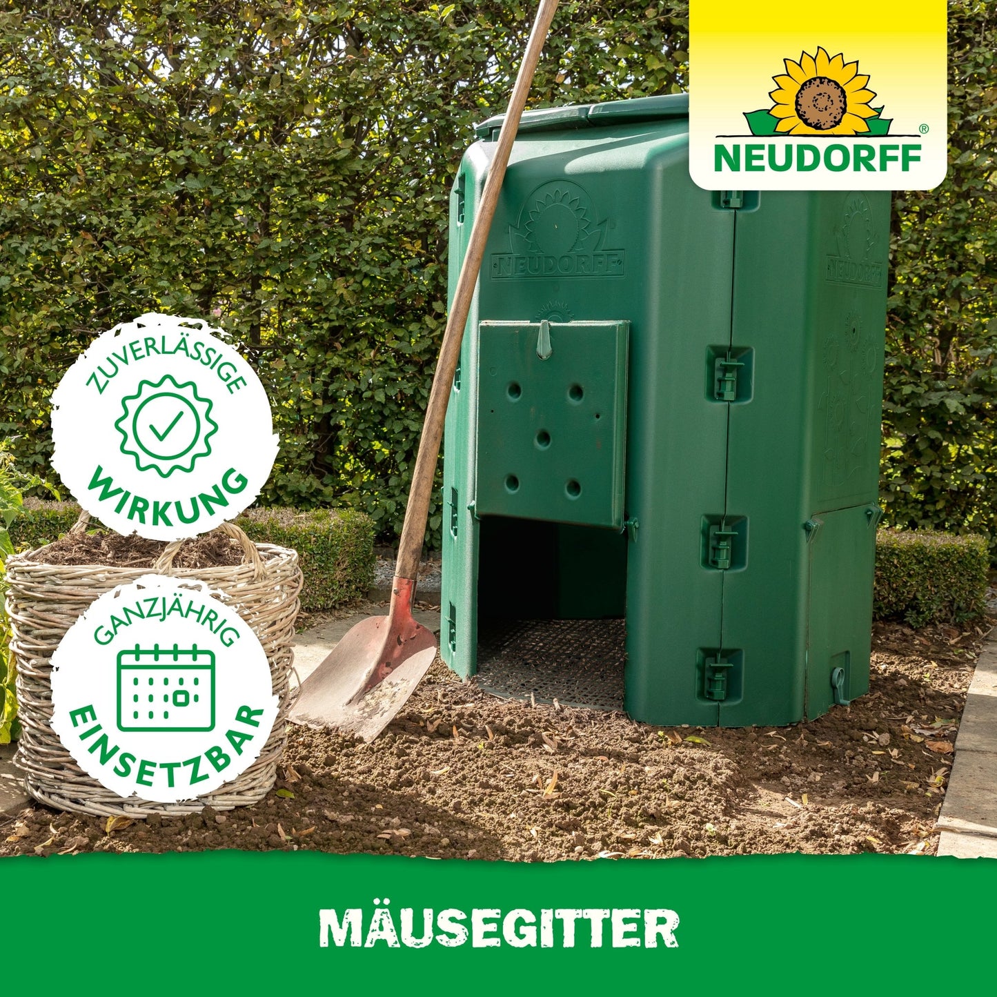 Ett grönt Neudorff Shop musgaller står vid en häck bredvid en spade och en korg och är försett med plaketter för tillförlitlighet och året runt-användning. Ordet "musgaller" visar att det håller råttor och möss borta - en idealisk lösning för varje trädgård.