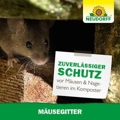 En mus kikar ut från en springa mellan tegelstenar. Bilden gör reklam för det "tillförlitliga skyddet mot möss & gnagare i komposter" med Neudorff Shop musgaller.