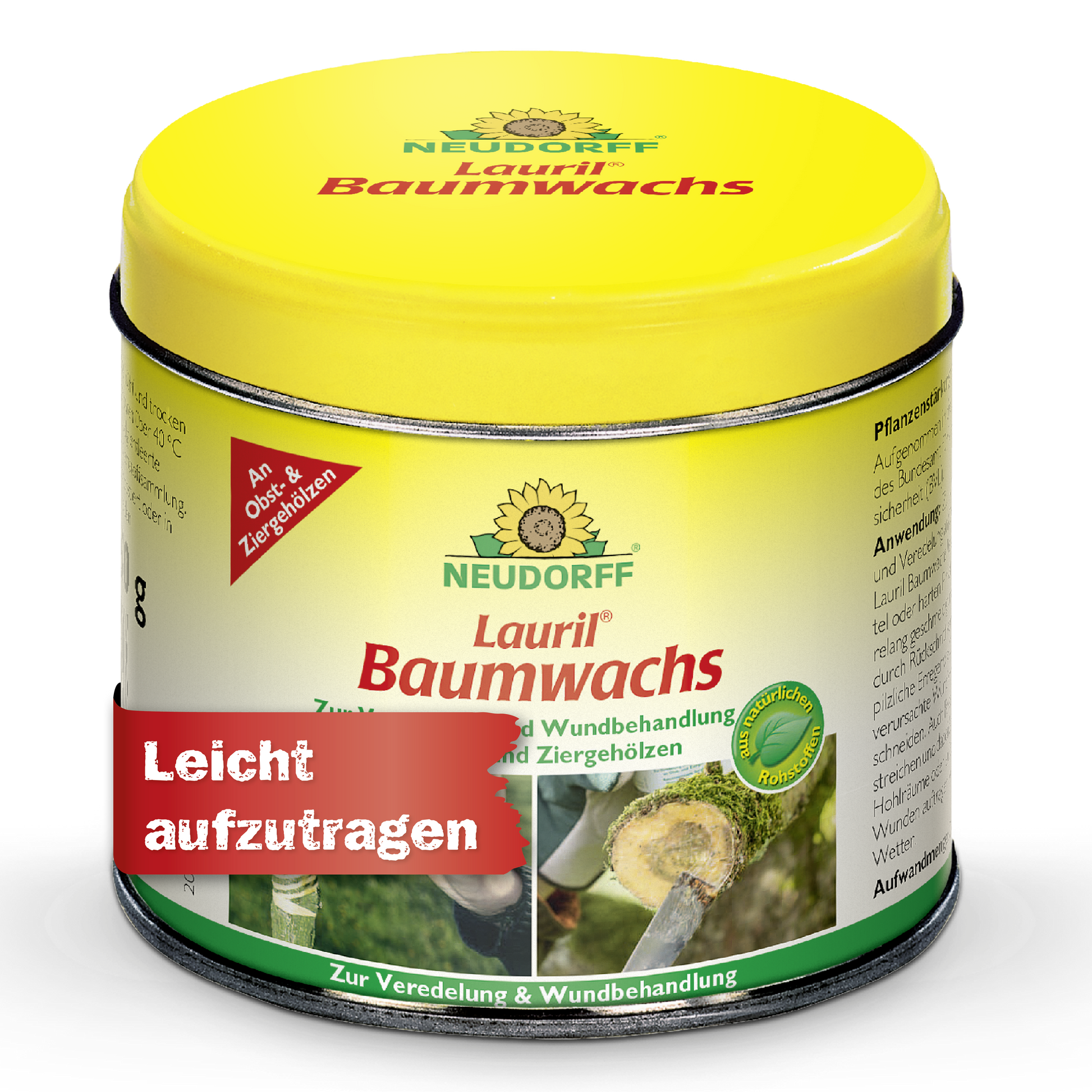 Eine gelb-grüne Dose Lauril Baumwachs von Neudorff Shop zur Behandlung von Wunden an Bäumen, Zierpflanzen und Obstbäumen. Auf dem Etikett sind Bilder von Bäumen und der deutsche Satz "Leicht aufzutragen" zu sehen. Ideal für Baumwunden.