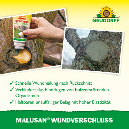 Eine Hand appliziert den Malusan Wundverschluss aus dem Neudorff Shop auf einen beschnittenen Baum, um den Wundverschluss zu unterstützen. Ein anderer Baum zeigt eine verheilte Stelle. Die Vorteile sind in Textform dargestellt, das Neudorff-Logo befindet sich oben rechts.