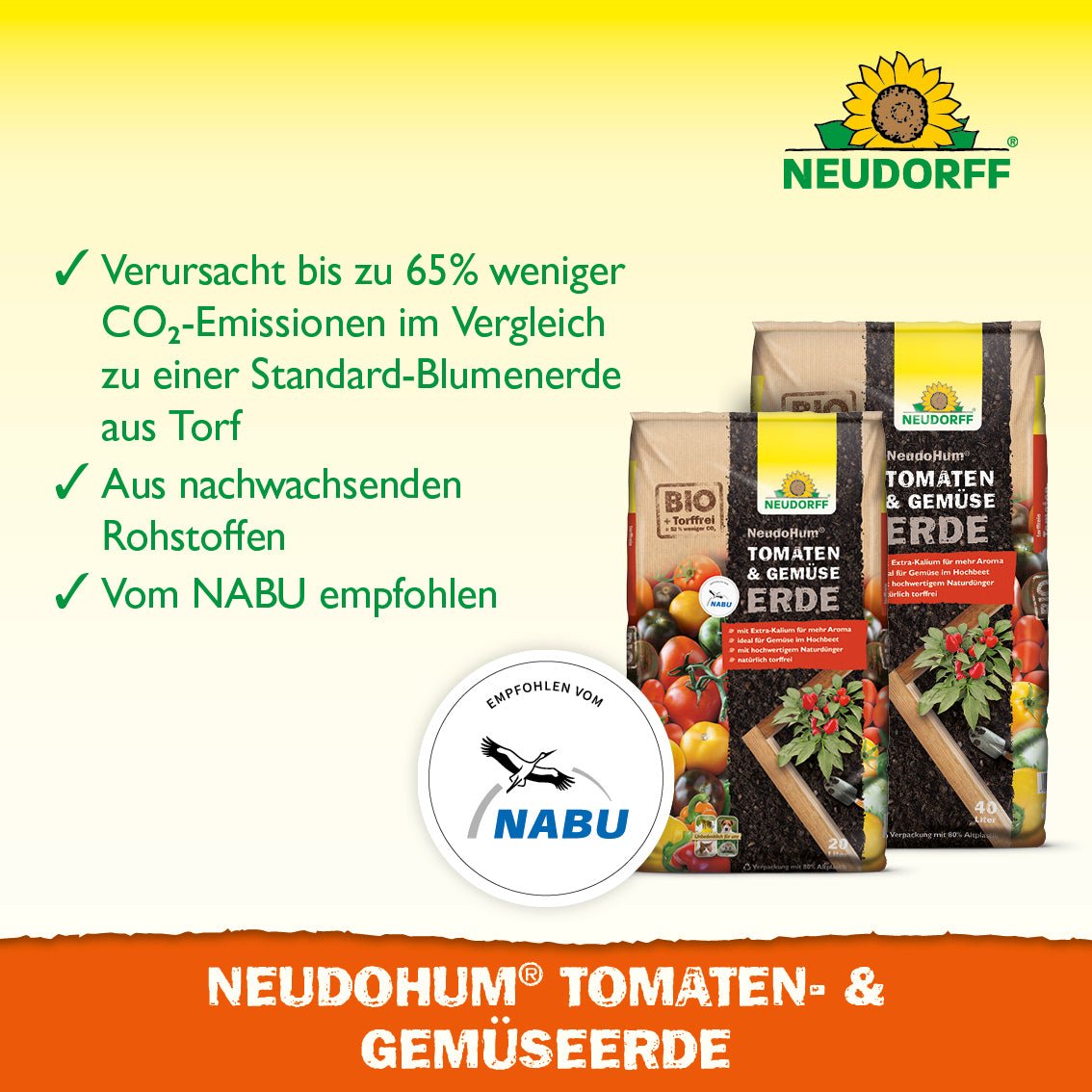 En närbild av NeudoHum Tomat- & Grönsaksjord från Neudorff Shop, det perfekta planteringssubstratet för sommargrönsaker, som uppfyller dina växters näringsbehov.