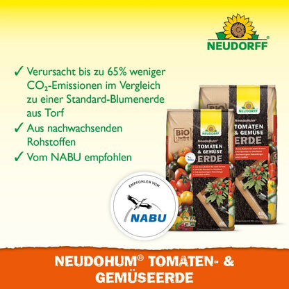 En närbild av NeudoHum Tomat- & Grönsaksjord från Neudorff Shop, det perfekta planteringssubstratet för sommargrönsaker, som uppfyller dina växters näringsbehov.