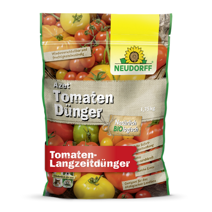Azet TomatenDünger aus dem Neudorff Shop ist ein 1,75 kg schwerer organischer Tomatendünger, verpackt mit Abbildungen von roten und gelben Tomaten und grünen, gelben und roten deutschen Etiketten.