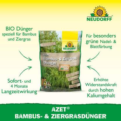 I mitten visas en påse Neudorff Shop Azet Bambus- & prydnadsgräsgödsel med tysk text om långtidseffekt och grönare blad för bambu och prydnadsgräs på vit och grön bakgrund.