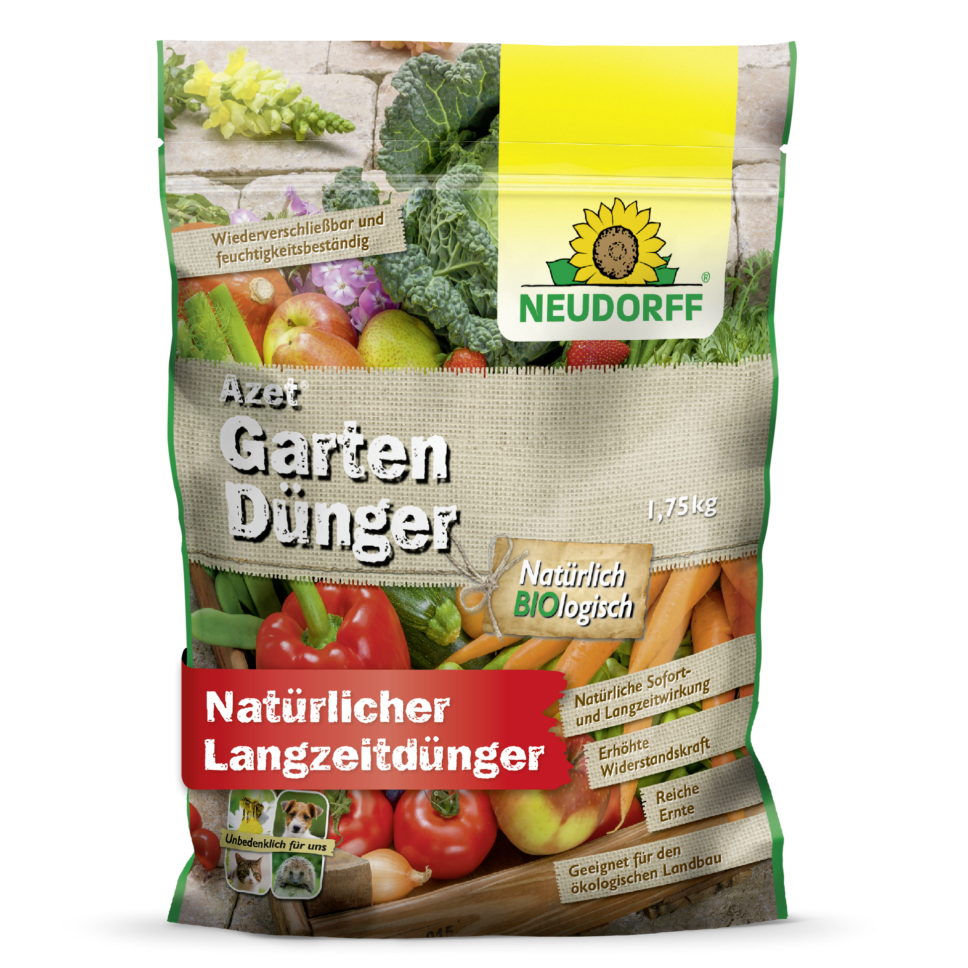 Ein 1,75-kg-Beutel Neudorff Shop Azet GartenDünger, ein organischer Dünger für die Langzeitpflege des Gartens, mit Abbildungen von Gemüse, dem Neudorff-Logo und einem deutschen Text über die optimale Pflanzendüngung.