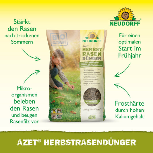 Ein Beutel Azet HerbstRasenDünger aus dem Neudorff Shop liegt auf dem Rasen. Der Text hebt die Vorteile hervor: stärkt den Rasen bei Trockenheit, fördert das Wachstum im Frühjahr, revitalisiert mit Mikroorganismen und schützt vor Frost.