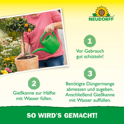 Eine Person gießt einen kleinen Topfbaum - vermutlich einen Oleander - mit einer grünen Gießkanne. Deutsche Anleitung zur Verwendung von Azet Zitrus- & MediterranpflanzenDünger von Neudorff Shop, mit Schrittnummern und dem Neudorff-Logo oben rechts.