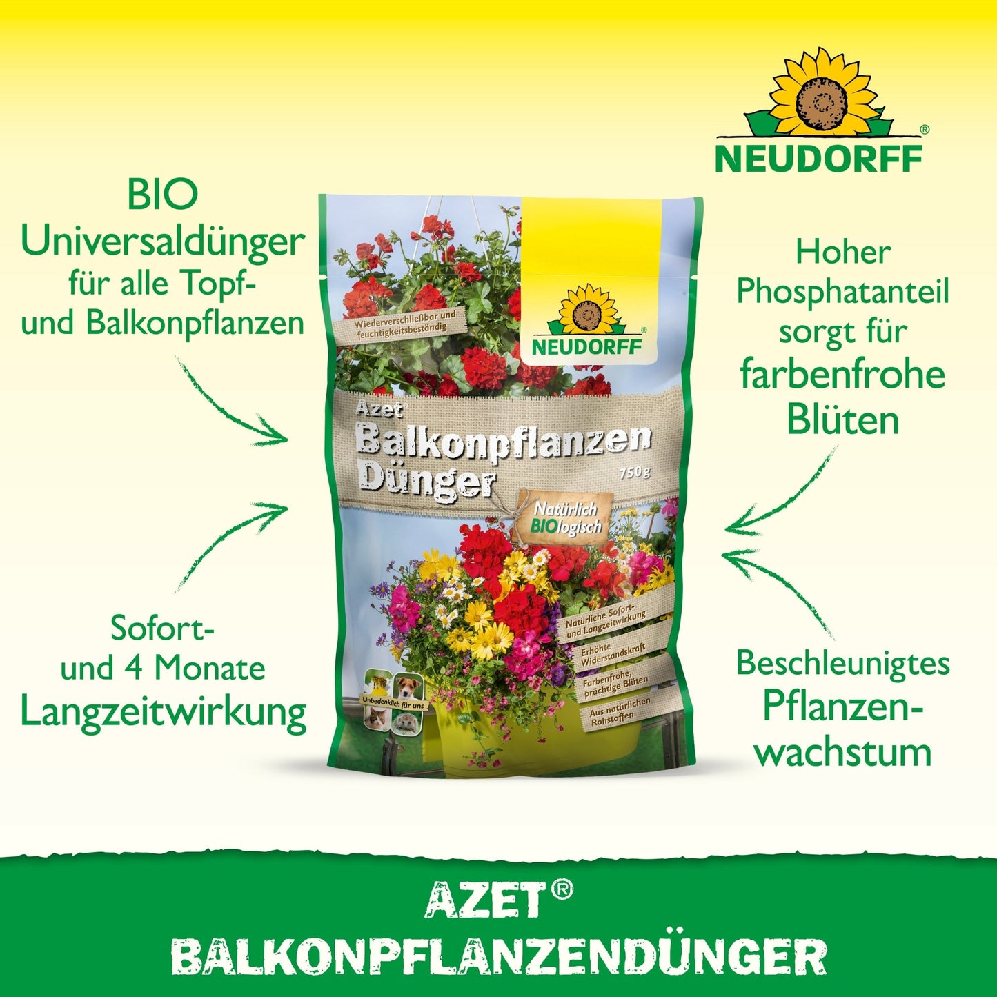 Neudorff Shop Azet Balkongväxtgödsel är idealisk för sommarblommor i balkonglådor och innehåller högkvalitativa organiska fullgödselmedel för kraftig tillväxt och lysande blommor.