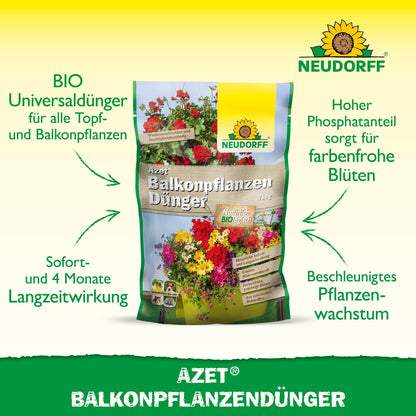 Neudorff Shop Azet Balkongväxtgödsel är idealisk för sommarblommor i balkonglådor och innehåller högkvalitativa organiska fullgödselmedel för kraftig tillväxt och lysande blommor.