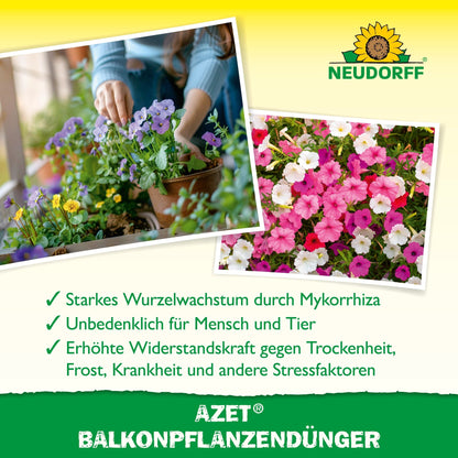 En person planterar lysande sommarblommor i en kruka. Bredvid syns blommande petunior i närbild. Texten nedan presenterar Azet Balkongväxtgödsel från Neudorff Shop, ett organiskt fullgödselmedel, perfekt för balkonglådor.