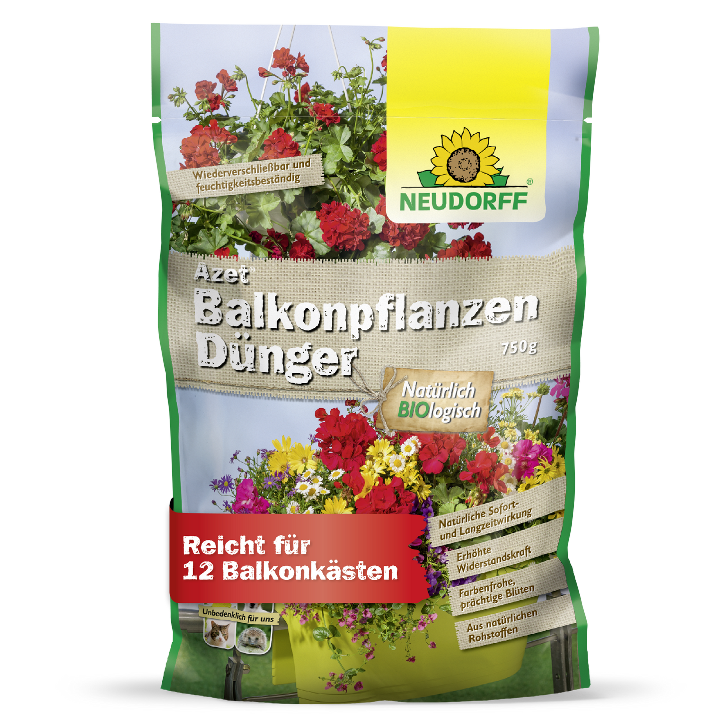 Azet Balkongväxtgödsel från Neudorff Shop kommer i en 750g påse med bilder av sommarblommor, är biologisk och lämplig för upp till 12 balkonglådor.