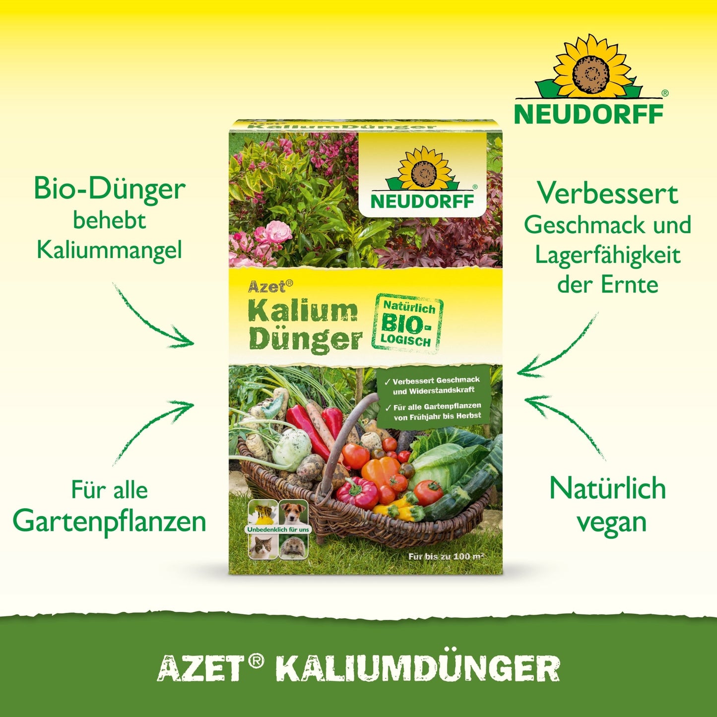 Avbildad är en låda Neudorff Shop Azet Kaliumgödsel med pilar och text som framhäver fördelarna, såsom korrigering av kaliumbrist, lämplighet för alla växter, förbättring av skördarna och en vegansk formel.