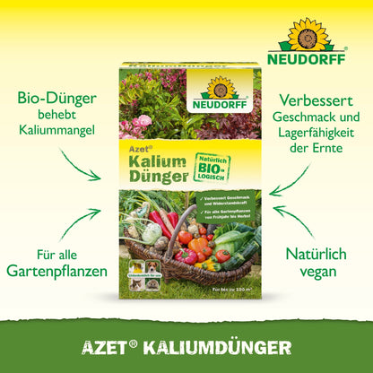 Avbildad är en låda Neudorff Shop Azet Kaliumgödsel med pilar och text som framhäver fördelarna, såsom korrigering av kaliumbrist, lämplighet för alla växter, förbättring av skördarna och en vegansk formel.