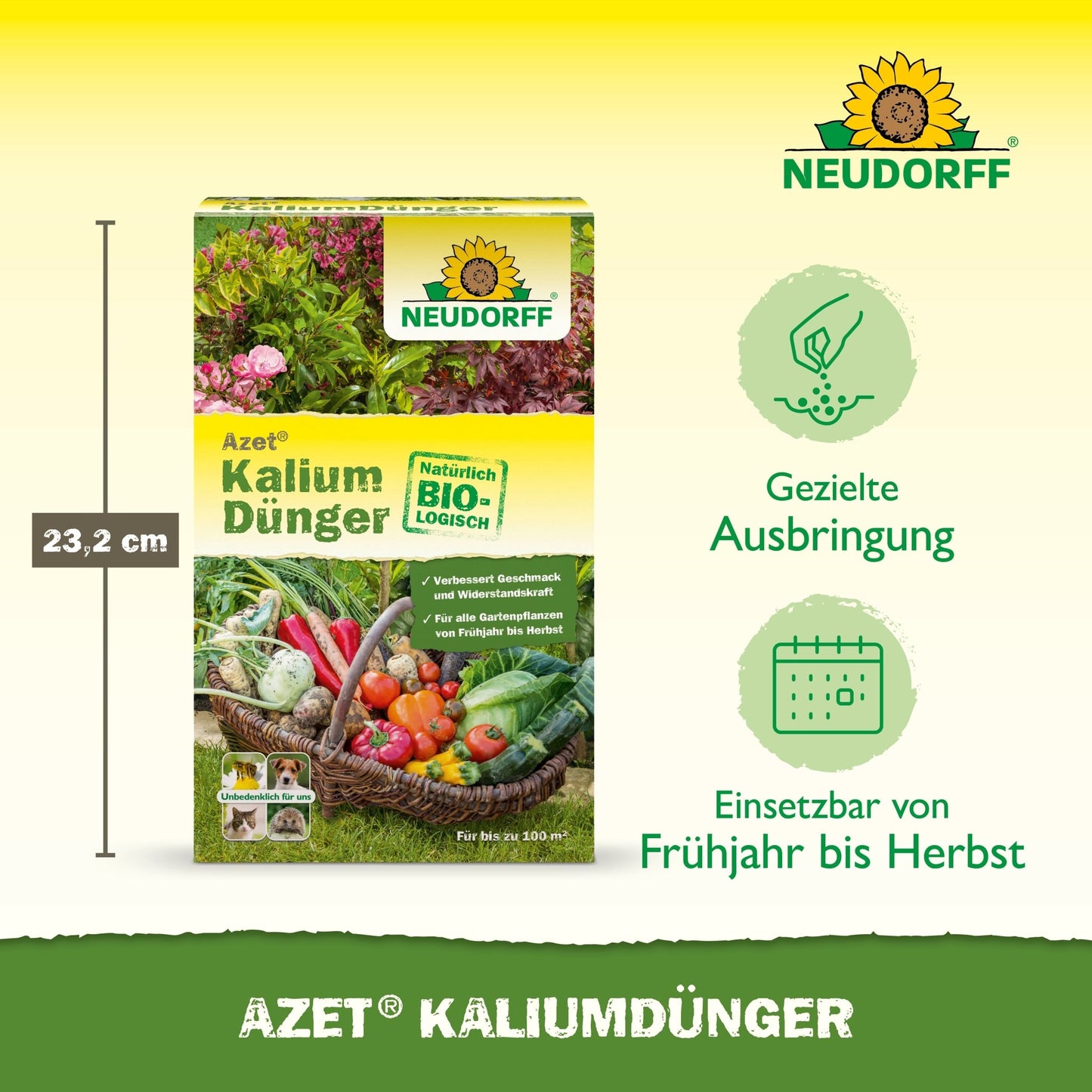 En låda Azet Kaliumgödsel från Neudorff Shop är avbildad med grönsaker och blommor och visar hur det gödslar växterna och förhindrar kaliumbrist. Den tyska texten listar egenskaperna, användningen och storleken på lådan på 23,2 cm på en gul-grön bakgrund.