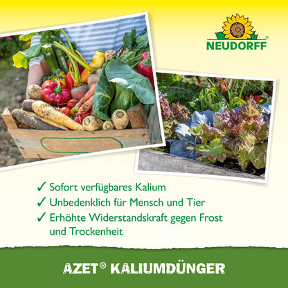 En trälåda med grönsaker står bredvid bladgrönsaker. Texten framhäver Azet Kaliumgödsel från Neudorff Shop, som erbjuder omedelbar näringstillgänglighet för växtgödsling och är säker för människor och djur.