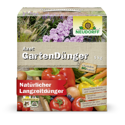 En 5 kg låda Neudorff Shop Azet GartenDünger, märkt som naturlig och biologisk med bilder av blommor och grönsaker, lämplig för användning som organiskt fullgödselmedel i trädgårdsarbete. Huvudtexten är på tyska.